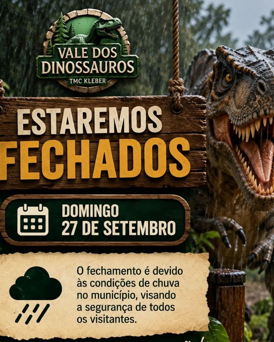 🌧️ AVISO IMPORTANTE! 🦖 Devido às condições de chuva em nosso município e pensando na segurança e no conforto…
